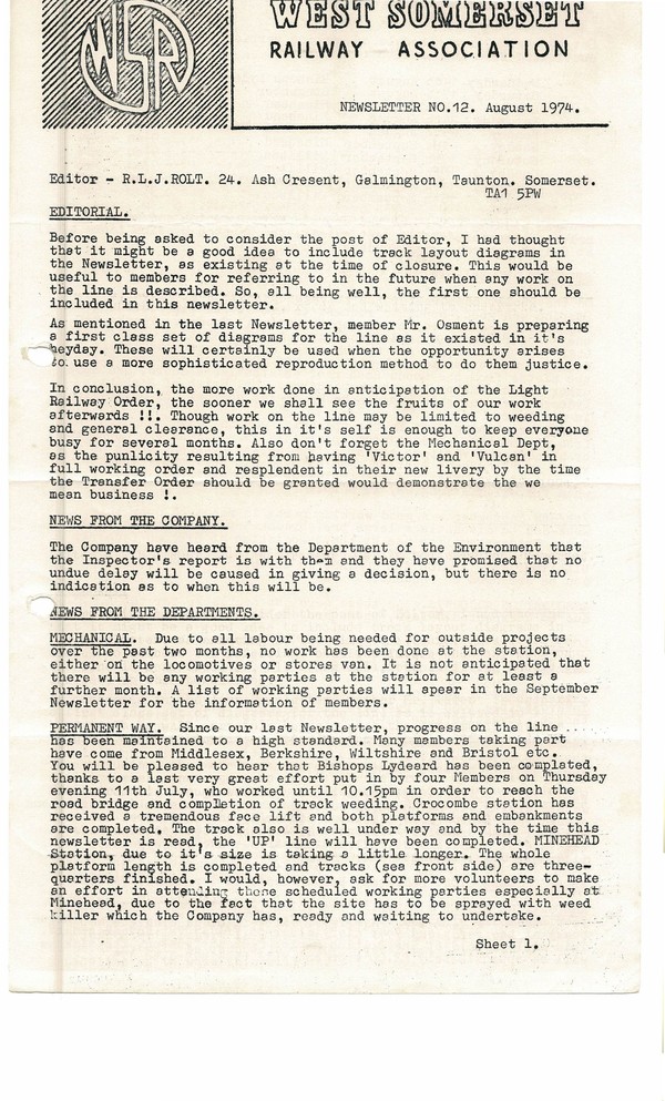 Newsletter No 12 - August 1974